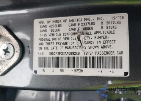 2010 Honda Accord 2.4 Lx from USA, damaged, VIN 1HGCP2F33AA069249